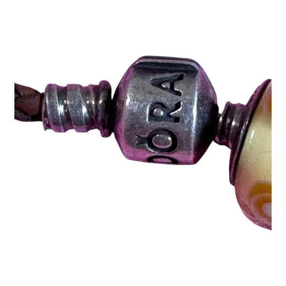 Pandora Brown Braided Double Leather Bracelet With Yellow Glass Charm Sterling - Picture 7 of 8